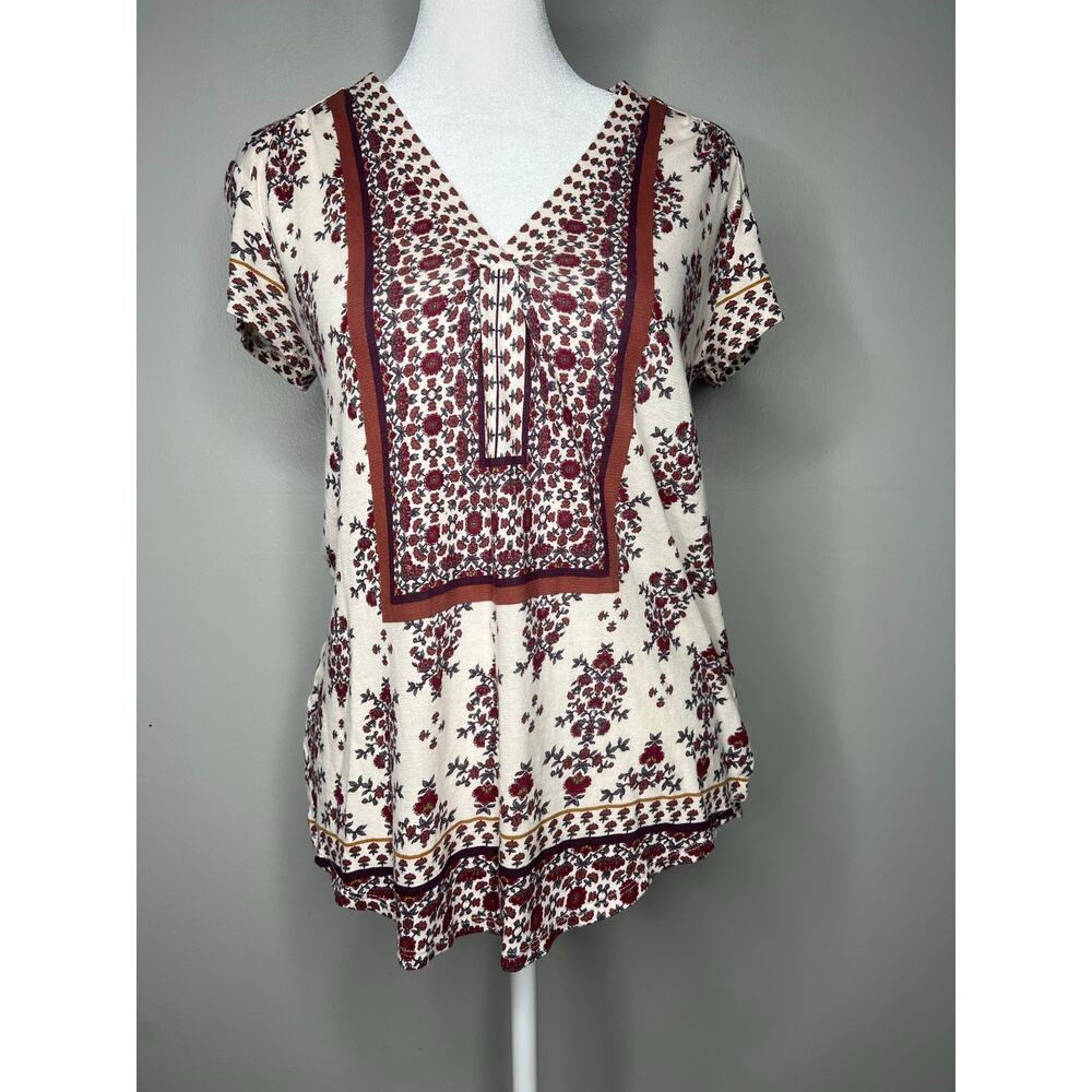 Lucky Brand Floral Peasant Top Short Sleeve Womens S Boho Bohemian V-Neck Blouse